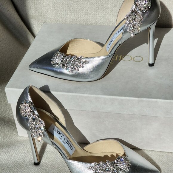 immy Choo Teja 100mm Silver Leather Crystal D'orsay Pump - Picture 2 of 13